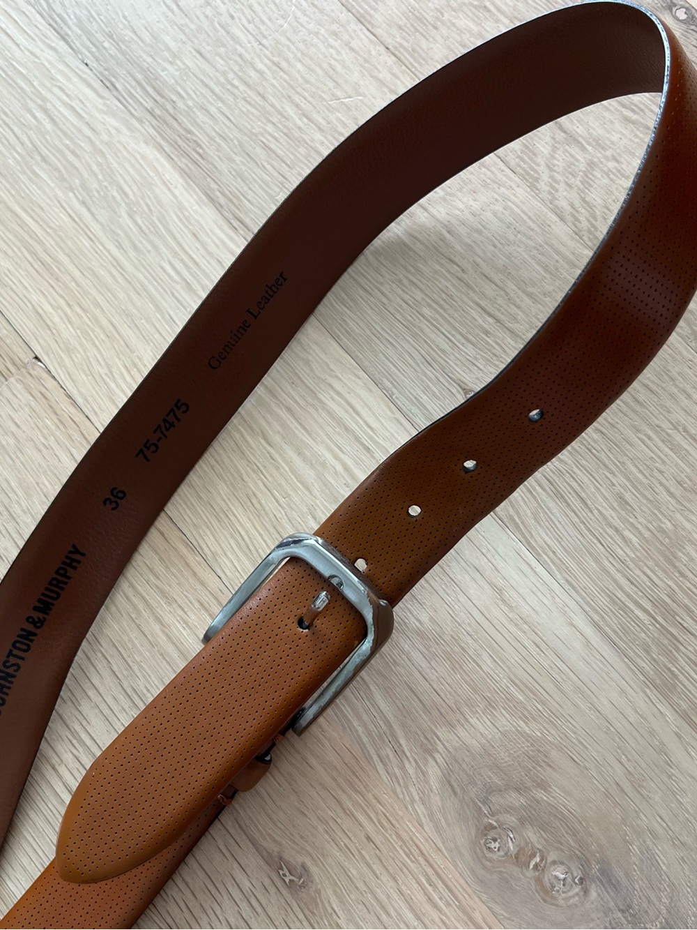 Johnston & Murphy Cognac Brown Perforated Leather Belt with Silver Buckle